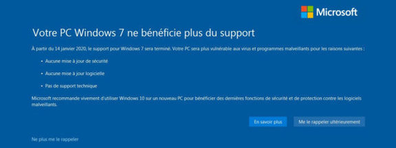 Message alarmiste d'annonce de fin de la fin du support de Windows Seven